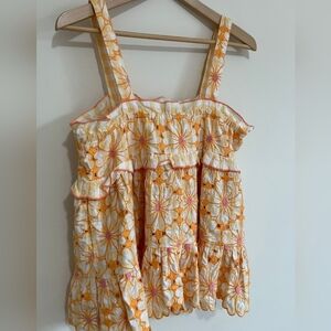 Anthropologie Orange and White Floral Top Size S